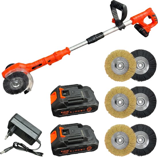 Kibani Accu Onkruidborstel 21V - Incl. 6 Onkruidborstels en 2 accu's - Onkruidborstel Nylon en Staal - Draadloze Onkruidverwijderaar - Elektrische Voegenreiniger - 180° Draaibare Kop - Ergonomisch Handvat - 2000 mAh