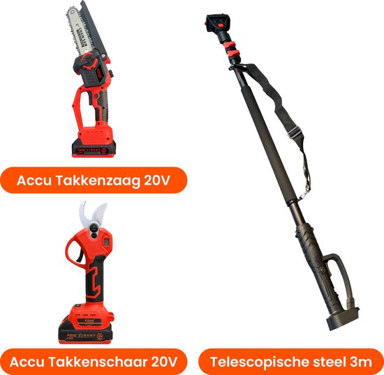 Kibani Accu Takkenschaar 20V + Kibani Accu Takkenzaag 20V + Kibani Telescoopsteel 3 meter - Inclusief Accesoires - Snoeigereedschap op hoogte van Merkloos	