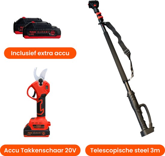 Kibani Accu Takkenschaar 20V + Kibani Telescoopsteel 3 meter - Met 2 2000 mAh accu's - Inclusief opbergdoos - Bloemen- en Heggenschaar - Tot 30 mm snoeien - Compacte snoeischaar - Snoeigereedschap op hoogte van Kibani