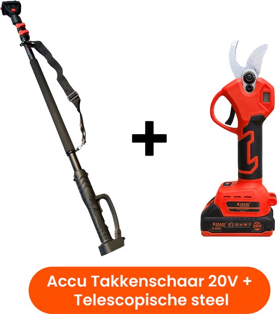 Kibani Accu Takkenschaar 20V + Kibani Telescoopsteel 3 meter - Met 2000 mAh accu - Inclusief opbergdoos - Bloemen- en Heggenschaar - Tot 30 mm snoeien - Compacte snoeischaar - Snoeigereedschap op hoogte van Kibani