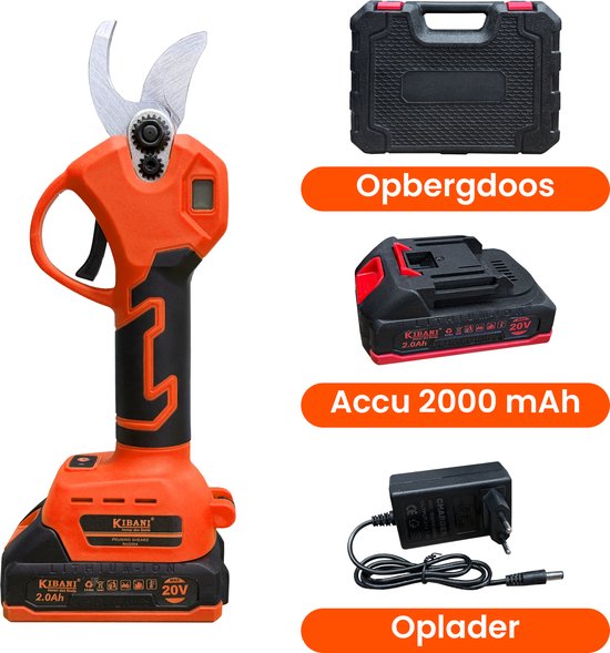 Kibani Accu Takkenschaar 20V - Met 2000 mAh accu - Inclusief opbergdoos - Bloemen- en Heggenschaar - Elektrisch - Tot 30 mm snoeien - Compacte snoeischaar van Kibani