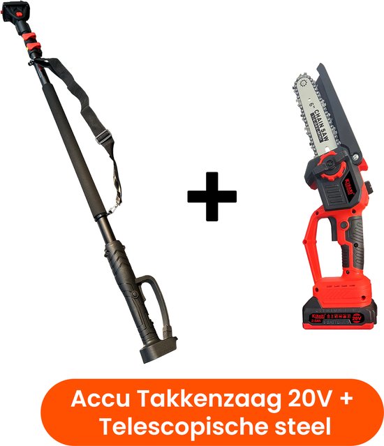 Kibani Accu Takkenzaag 20V + Kibani Telescoopsteel 3 meter - Met 2000 mAh accu - Inclusief opbergdoos - 15 cm - Mini Kettingzaag - Compacte takkenzaag - Zaaggereedschap op hoogte van Merkloos	