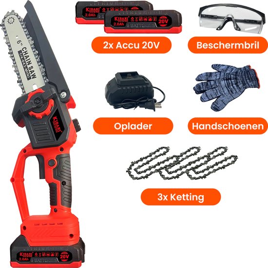 Kibani Accu Takkenzaag 20V - Met Extra Accu - Elektrische Zaag - Draadloos - Inclusief Accesoires - Mini Kettingzaag - 15 cm - Met Opbergkoffer van Merkloos	