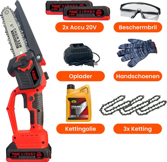 Kibani Accu Takkenzaag - Met Extra Accu + Kettingolie - Draadloos - Elektrische Zaag - Mini Kettingzaag - 15 cm - Met Opbergkoffer van Merkloos	