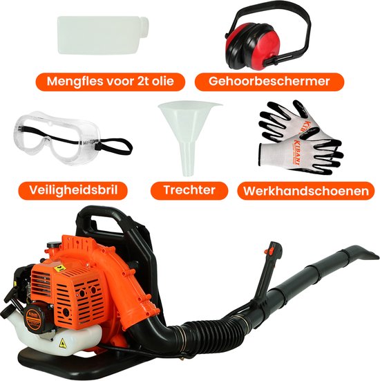 Kibani Benzine Bladblazer 42.7 cc / 1.7 pk incl. Accessoires - Luchtsnelheid 252 km/h - 1250W - Ruggedrager - Bladblazers - Gehoorbescherming - Werkhandschoenen - Veiligheidsbril van Merkloos	