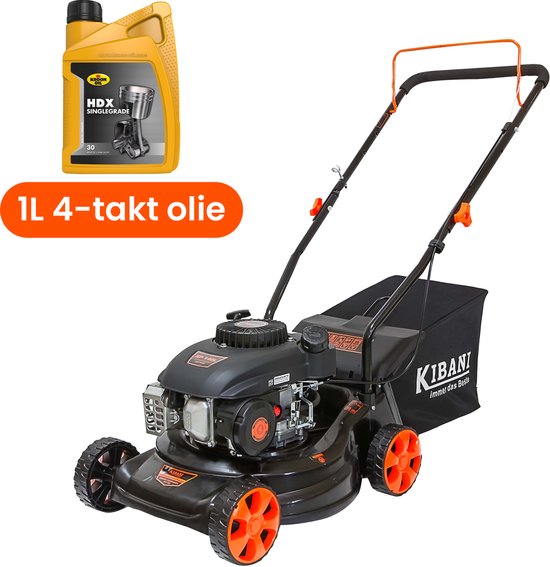 Kibani Benzine Grasmaaier 141cc – 2.2 kW / 3.0 PK incl. 1 liter 4-takt olie – 41 cm Maaibreedte – 40L Opvangzak – 3 Maaihoogtes – Handgeduwd Grasmaaier van Merkloos	