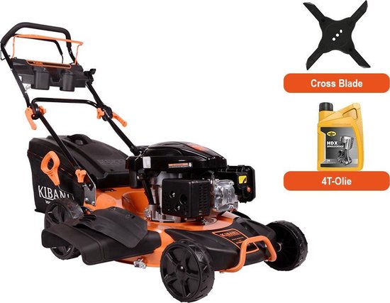 Kibani Benzine Grasmaaier - 196 cc / 4.7 pk 4-takt Motor – Extra Cross Blade & 4T Olie Bonus – Maaibreedte 53 cm – 8 Instelbare Maaihoogtes – Incl. 62L Opvangbak – Mulchfunctie van Kibani