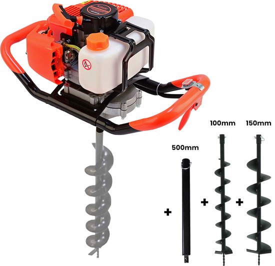 Kibani Grondboor 52cc benzine + Grondboren set 100 mm en 150 mm + Verlengstuk - Palenboor - Grondboor machine van Kibani