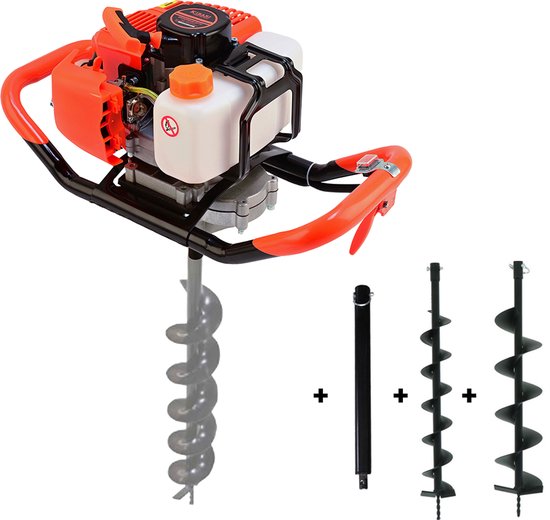 Kibani Grondboor 52cc benzine + Grondboren set 100 mm en 150 mm + Verlengstuk - Palenboor - Grondboor machine