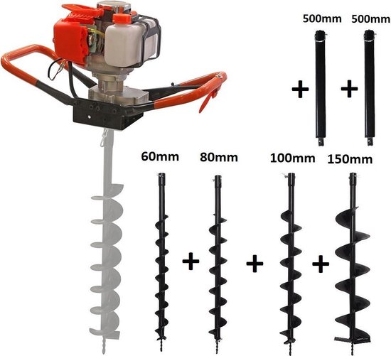 Kibani Grondboor 52cc benzine + Grondboren set 60 mm + 80 mm + 100 mm + 150 mm + 2 verlengstukken - Palenboor - Grondboor machine van Kibani