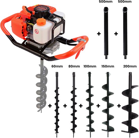 Kibani Grondboor 52cc benzine + Grondboren set 60 mm + 80 mm + 100 mm + 150 mm + 200 mm + 2 verlengstukken - Palenboor - Grondboor machine van Kibani
