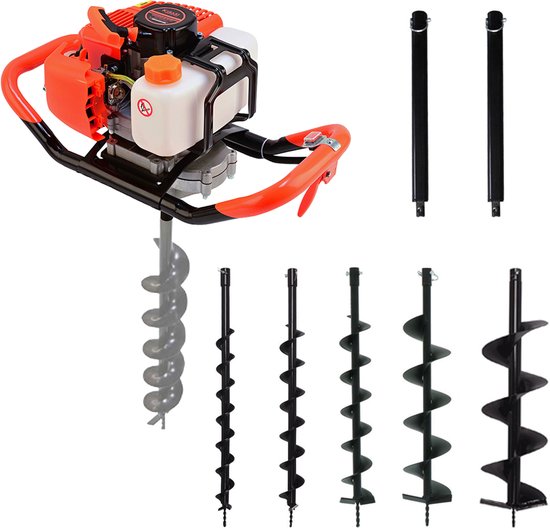 Kibani Grondboor 52cc benzine + Grondboren set 60 mm + 80 mm + 100 mm + 150 mm + 200 mm + 2 verlengstukken - Palenboor - Grondboor machine van Kibani
