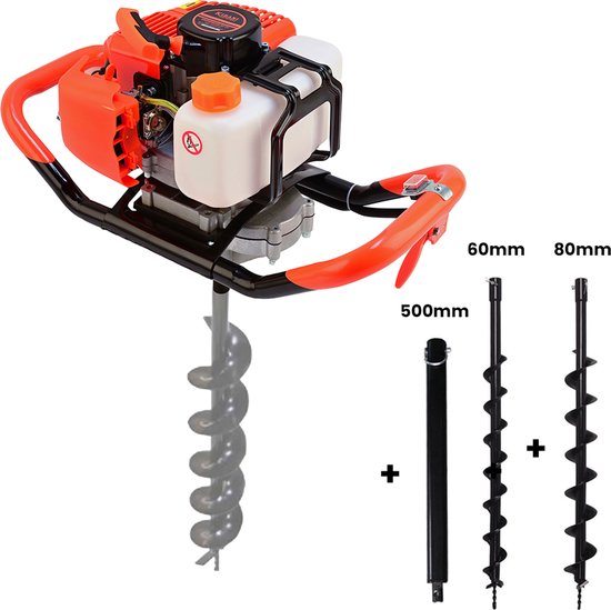 Kibani Grondboor 52cc benzine + Grondboren set 60 mm en 80 mm + Verlengstuk - Palenboor - Grondboor machine van Kibani