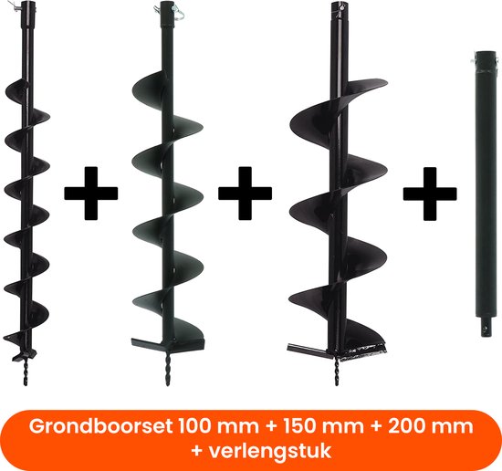Kibani Grondborenset 100 mm + 150 mm + 200 mm + Verlengstuk - Palenboor - Losse Borenset - Grondboorset van Merkloos	