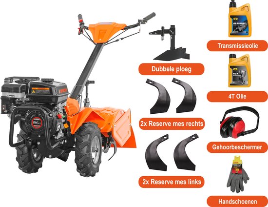 Kibani Grondfrees Benzine 46 cm - Incl. 2X Mes links, 2X Mes rechts, Dubbele ploeg, Ploegmachine, 4T Olie, Transmissie olie - 196cc - 46CM breedte -6.5PK- Loncin motor - Tuinfrees van Kibani