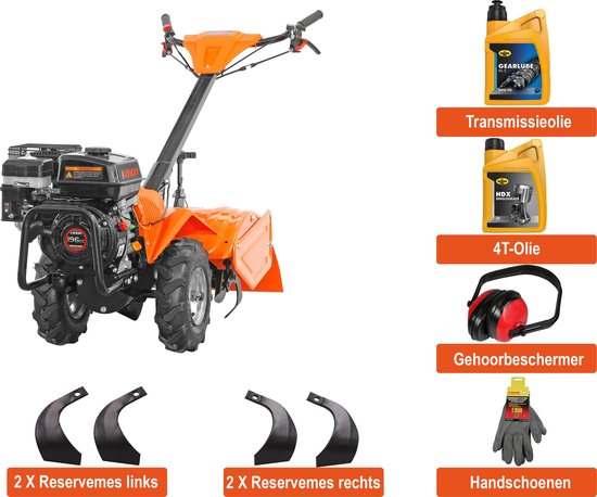 Kibani Grondfrees Benzine 46 cm Incl. 2X Mes links, 2X Mes rechts, Gehoorbeschermer, Handschoenen, 4T Olie, Transmissie olie - 196cc - 46CM breedte -6.5PK- Loncin motor - tuinfrees van Merkloos	