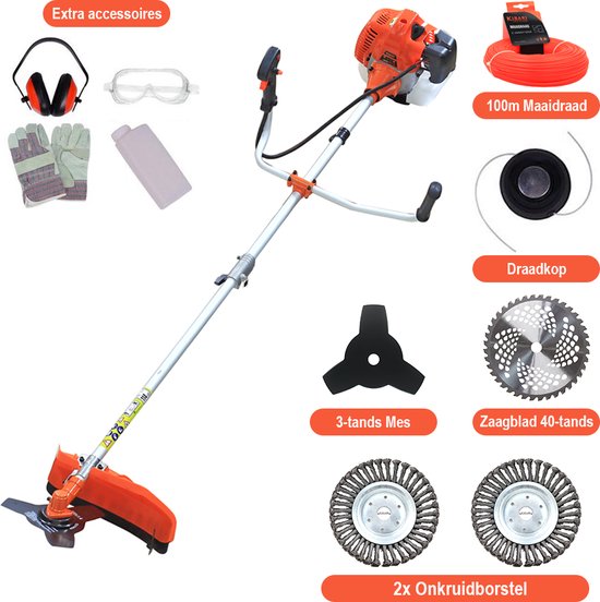 Kibani Kantenmaaier 4-in-1 – Bosmaaier Benzine - 52 cc / 1.9 pk 2-takt Motor – Incl. 2 Onkruidborstels, Maaidraad, Zaagblad 40-tands en Veiligheidsset van Kibani