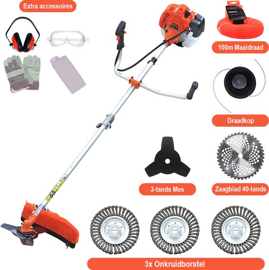 Kibani Kantenmaaier 4-in-1 - Bosmaaier Benzine - 52 cc / 1.9 pk 2-takt Motor - Incl. 3 Onkruidborstels, Maaidraad, Zaagblad 40-tands en Veiligheidsset van Kibani