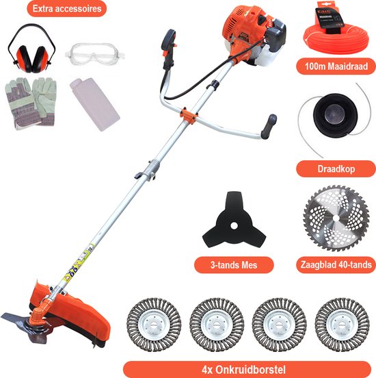 Kibani Kantenmaaier 4-in-1 - Bosmaaier Benzine - 52 cc / 1.9 pk 2-takt Motor - Incl. 4 Onkruidborstels, Maaidraad, Zaagblad 40-tands en Veiligheidsset van Kibani