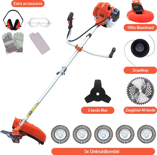 Kibani Kantenmaaier 4-in-1 - Bosmaaier Benzine - 52 cc / 1.9 pk 2-takt Motor - Incl. 5 Onkruidborstels, Maaidraad, Zaagblad 40-tands en Veiligheidsset van Kibani