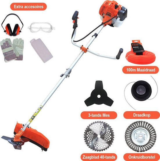 Kibani Kantenmaaier 4-in-1 – Bosmaaier Benzine - 52 cc / 1.9 pk 2-takt Motor – Incl. Onkruidborstel ,Maaidraad, Zaagblad 40-tands en Veiligheidsset van Kibani