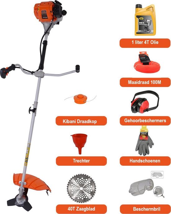 Kibani Kantenmaaier – Bosmaaier Benzine – 31cc / 1.09 pk 4-takt Motor – Incl. 40 tands zaagblad 3-tands Mes, 4T olie, Gehoorbeschermer, Handschoen, beschermbril, Draagriem & Draadkop van Kibani
