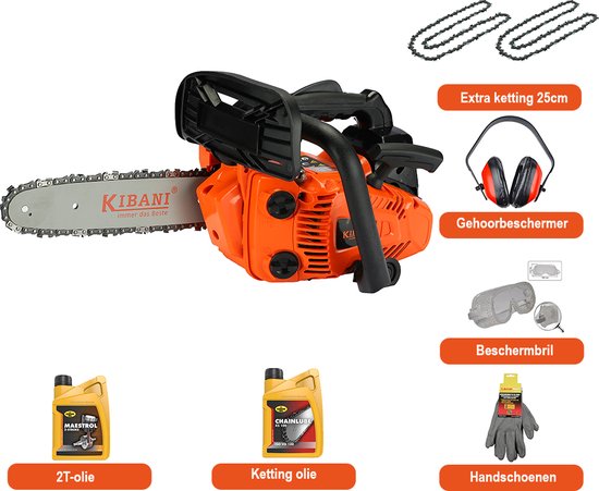 Kibani Kettingzaag Benzine - 25.4 cc / 1 pk 2-takt Motor - Extra Ketting, Gehoorbeschermer, Beschermbril, handschoen, kettingolie en 2T olie - Zwaardlengte 25 cm / 10 inch – Easy-Startsysteem - snoeizaag van Merkloos	