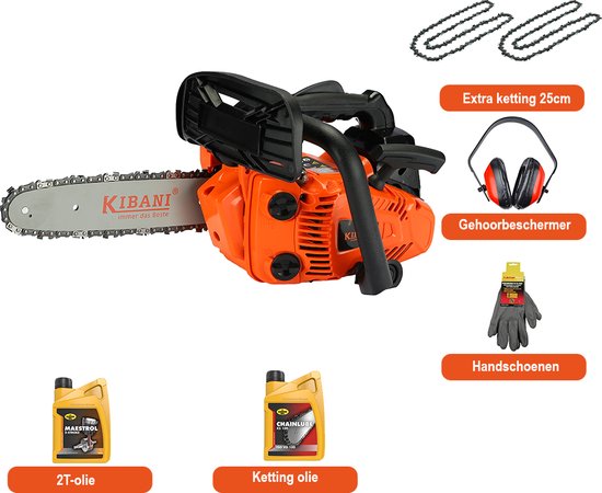 Kibani Kettingzaag Benzine - 25.4 cc / 1 pk 2-takt Motor - Extra Ketting, Gehoorbeschermers, Handschoenen, Kettingolie en 2T Olie - Zwaardlengte 25 cm / 10 inch - Snoeizaag - Easy-Startsysteem van Kibani