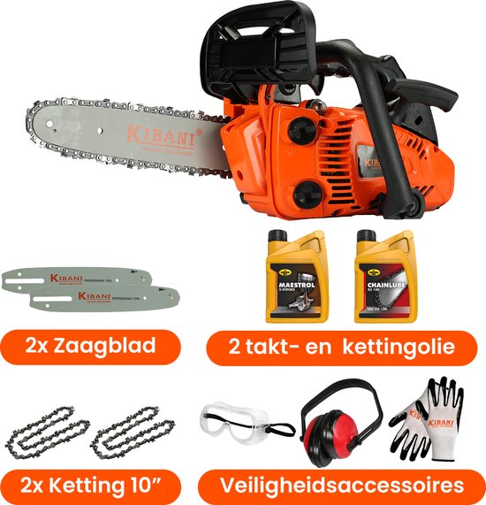 Kibani Kettingzaag Benzine - Incl. 2 kettingen, 2 zaagbladen, 2-takt Olie, Kettingolie, Veiligheidsbril, Gehoorbeschermer en Handschoenen - 25.4 cc / 1 pk 2-takt Motor - Easy-Startsysteem - Snoeizaag - Accessoires Pakket incl. Olie van Kibani