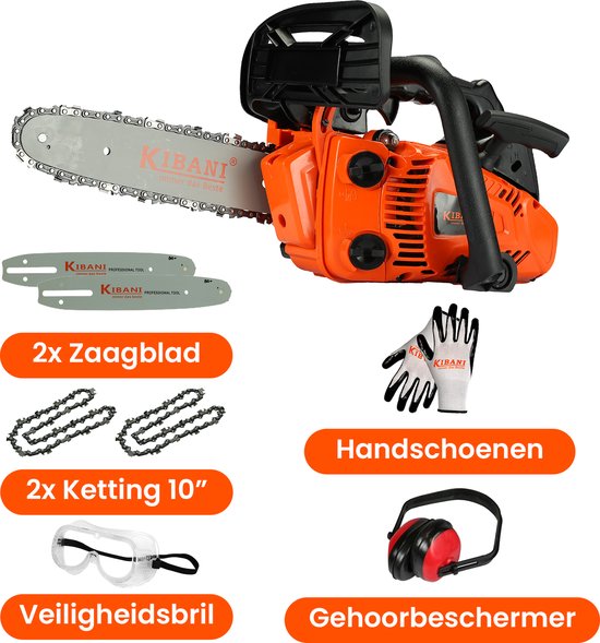 Kibani Kettingzaag Benzine - Incl. 2 kettingen, 2 zaagbladen, veiligheidsbril, gehoorbeschermer en handschoenen - 25.4 cc / 1 pk 2-takt Motor - Zwaardlengte 25 cm / 10 inch – Easy-Startsysteem - Snoeizaag - Accessoires Pakket van Kibani