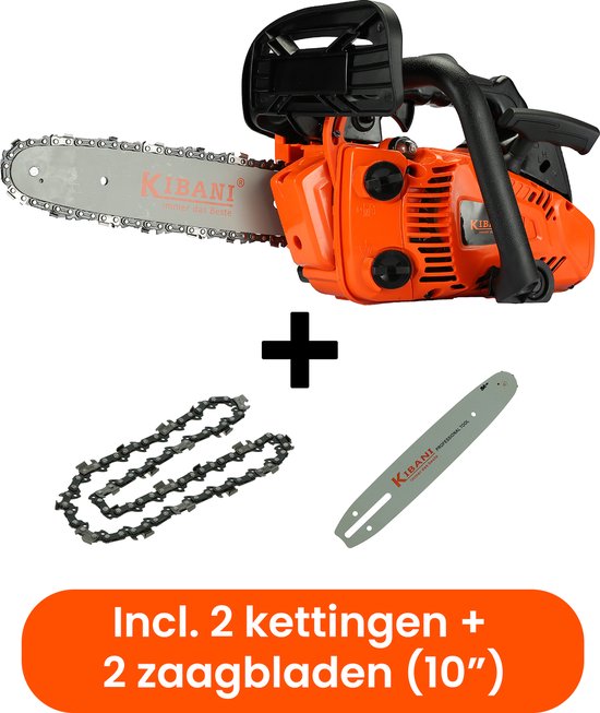 Kibani Kettingzaag Benzine - Incl. 2 Kettingen en Zaagblad - 25.4 cc / 1 pk 2-takt Motor - Zwaardlengte 25 cm / 10 inch – Easy-Startsysteem - snoeizaag van Merkloos	