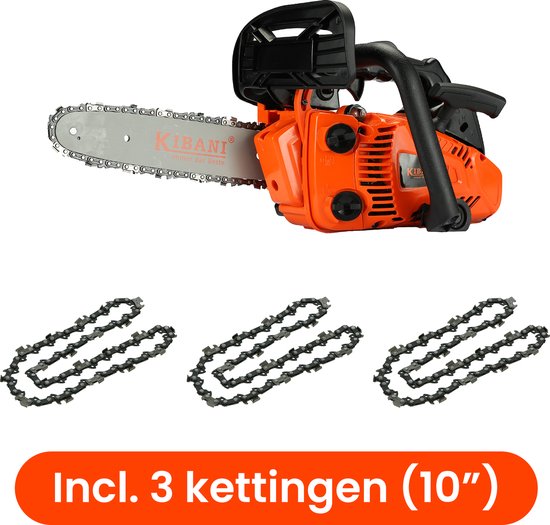 Kibani Kettingzaag Benzine - Incl. 3 Kettingen - 25.4 cc / 1 pk 2-takt Motor - Zwaardlengte 25 cm / 10 inch - Easy-Startsysteem - snoeizaag van Kibani