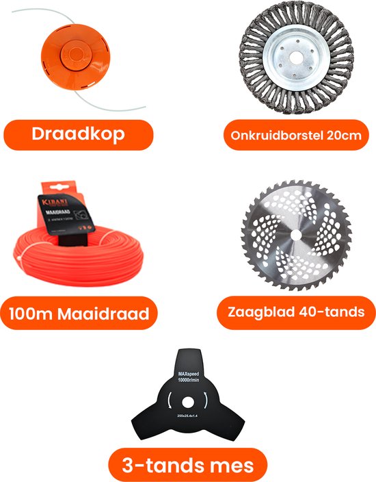 Kibani Maaidraad 100m, Draadkop, 3-tands mes, Zaagblad 40-tands en onkruidborstel 20cm voor Bosmaaier of Combitool - draadspoel - maaikop van Kibani
