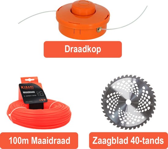 Kibani Maaidraad 100M, draadkop en 40 tands zaagblad voor bosmaaier of combitool - draadspoel - maaikop van Kibani