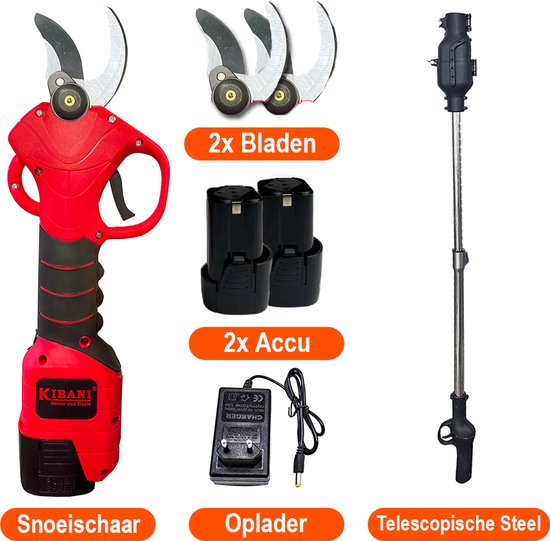Kibani Telescopische Accu Takkenschaar - Incl. 2 accu's en 2 bladen - Met Uitschuifbare steel - Elektrische Snoeischaar - Bloemenschaar - Klein - Op Accu - 28 mm van Merkloos	