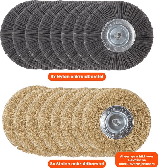 Kibani universele borstelset voor elektrische onkruidborstel - Set van 8 - Onkruidverwijderaar - Onkruidverdelger - Stalen en Nylon borstel - 11cm - Voegenborstel - Grastrimmer van Kibani