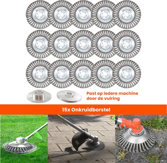 Kibani universele onkruidborstel - 15 cm - per 15 - inclusief vulring - staal - onkruidverwijderaar – bosmaaier - tuingereedschap van Kibani