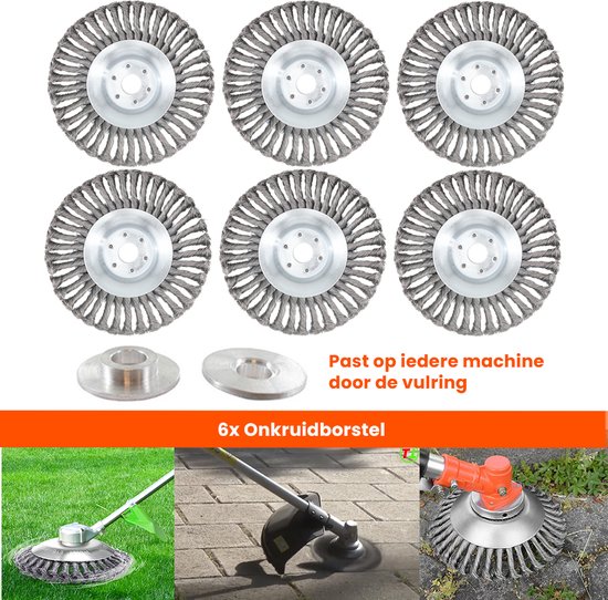 Kibani universele onkruidborstel - 15 cm - per 6 - inclusief vulring - staal - onkruidverwijderaar – bosmaaier - tuingereedschap van Kibani