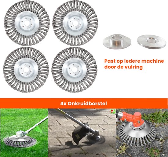 Kibani universele onkruidborstel - 20 cm - per 4 - staal - max. toerental 10.000 p/m - inclusief vulring - onkruidverwijderaar – tuingereedschap van Merkloos	