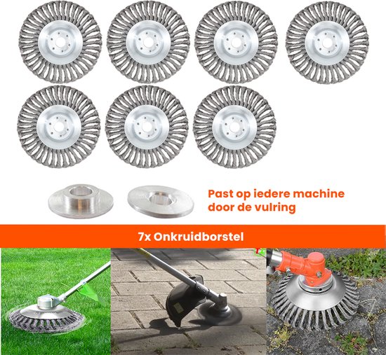 Kibani universele onkruidborstel - 20 cm - per 7 - staal - max. toerental 10.000 p/m - inclusief vulring - onkruidverwijderaar – tuingereedschap van Merkloos	