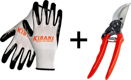 Kibani werkhandschoenen + snoeischaar set - Tuinhandschoenen - one size fits all - voor heren - werkhandschoenen heren - bloemenschaar - tuinschaar -bloemensnijder - takkenschaar - Voor grote handen - Max. knipdiameter 25 mm - Lengte 215 mm van Kibani