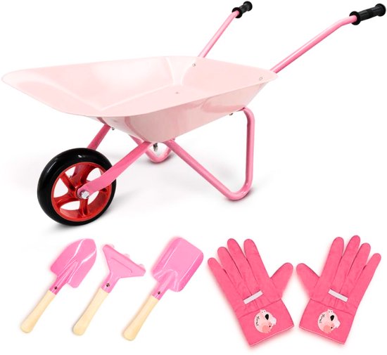 Kinder Kruiwagen Set - 5-Delige Metaalset Met Wiel, Tuingereedschap & Handschoenen - Perfect Cadeau Voor Kleine Tuiniers (Roze) van IVOL