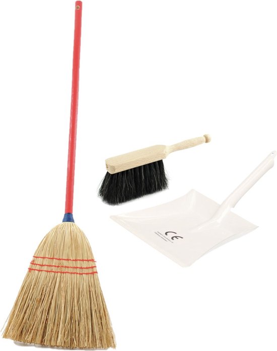 Kinder schoonmaak set 3-delig bestaande uit wit stoffer en blik en strobezem 75 cm van Angel Toys