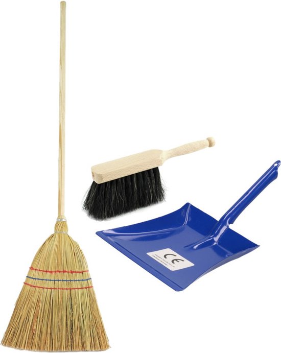 Kinder schoonmaak set 3-delig blauw bestaande uit stoffer en blik en strobezem 90 cm van Klein
