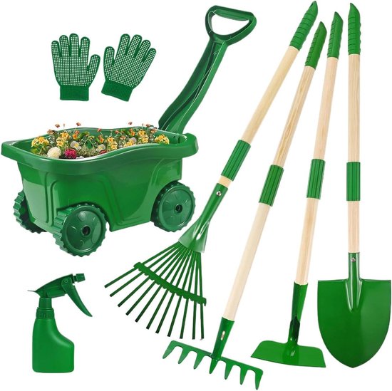 Kinder tuingereedschap set - Buiten speelset - Tuinieren en spelen - Inclusief kruiwagen - 2.32 kg - Groen