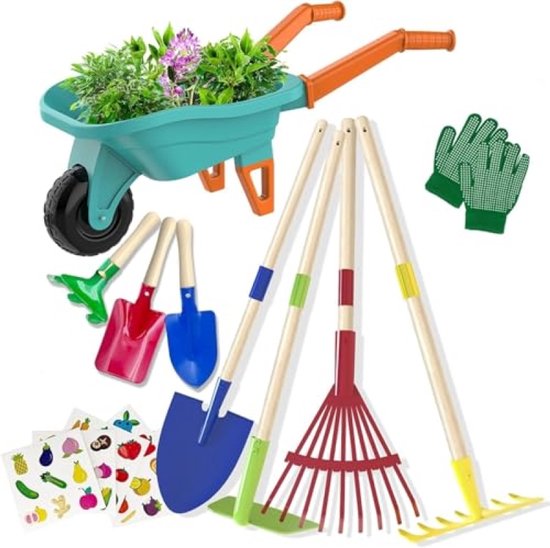 Kinder Tuinier Gereedschap Set – 70 cm Kruiwagen, Metalen Tuinset met Schop, Hark, Schoffel, Bladhark – 20 cm Klein Gereedschap, Handschoenen – Educatief STEM Buitenspeelgoed voor Tuin en Zand