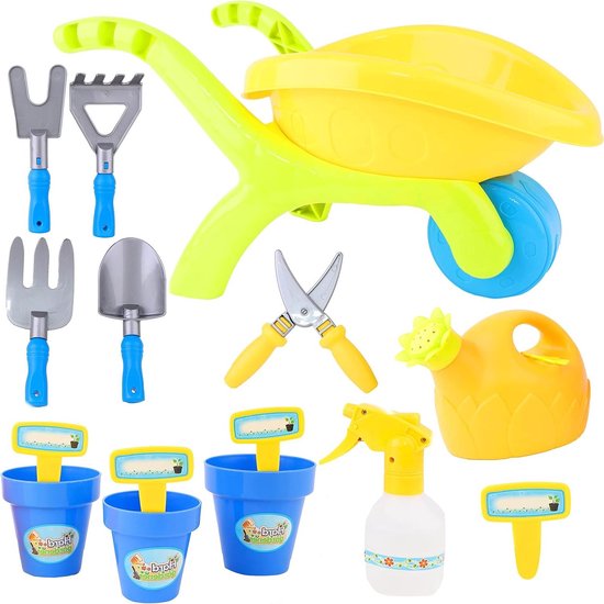 Kinder tuinset 14-Delige Kruiwagen Tuingereedschapset Watersproeier Plantenpotten Planttags Gemengde Vorken Troffel Snoeischaar Gieter 45cm kinder tuinset van Merkloos	