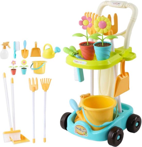 Kinder tuinset 26 stuks tuingereedschap en trolleyspeelset - hark schop gieter emmer - educatief speelgoed kinder tuinset van Kinder