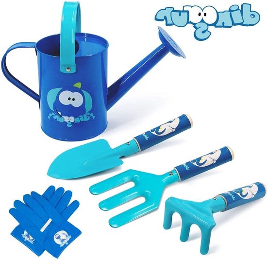 Kinder tuinset - 5 STKS Leuke Metalen Tuingereedschap voor Kinderen - Inclusief Metalen Gieter - Houten Handvat - Troffel Vork Hark Handschoenen - Blauw kinder tuinset van Kinder