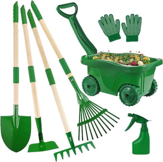 Kinder Tuinset - Buitenspeelgoed Tuingereedschap - Samen Tuinieren - Compleet met Handschoenen - 37 x 30 x 19 cm - Groen